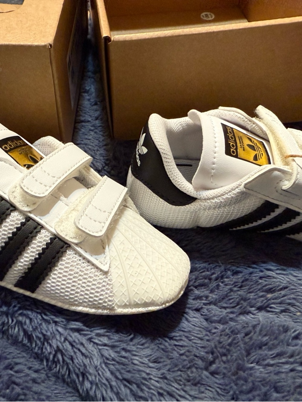 adidas White Superstar Crib Shoes with Gold Trefoil Accent - Picture 3 of 6